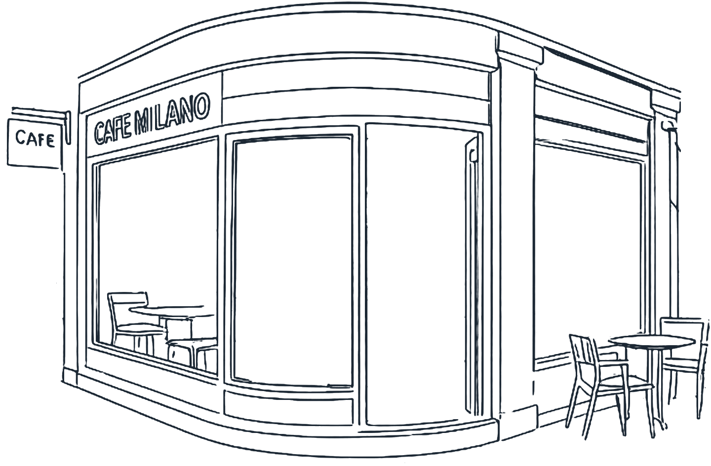 Drawing of the Cafe Milano shopfront on Sheen Road