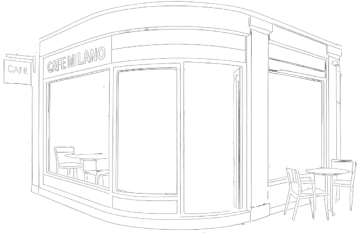 Line drawing of the Cafe Milano corner shopfront, Richmond